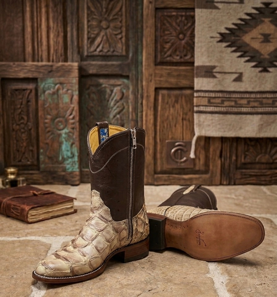 Bandidos Pirarucu fish scale botines side and sole view