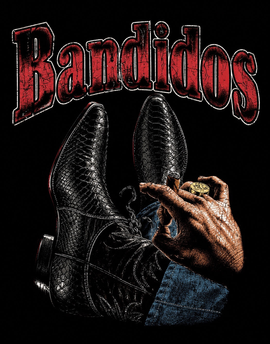 Bandidos red distressed logo with black exotic leather boots