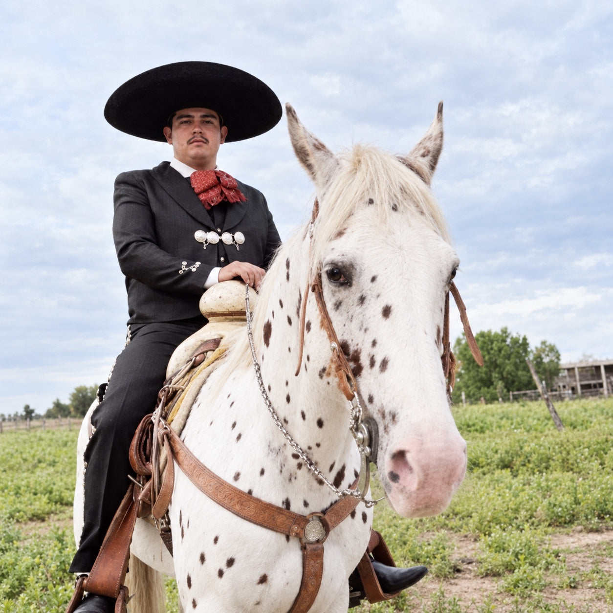 Mexican charro riding a white spotted horse